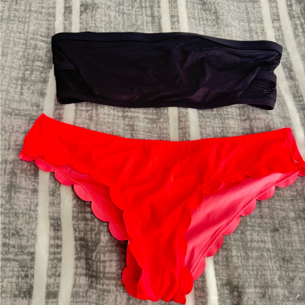 Pink Victoria Black Bandeau Top and Red Scalloped Bikini Bottom